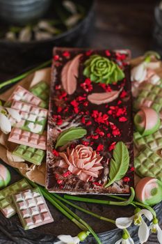 Assortment of luxury colored bonbons. Exclusive handmade chocolate candy. Springtime, Womans Day, Valentines Day concept. Pink and violet with dark chocolate flower.