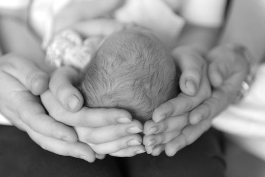 Family of three together, parents holding head of their first child, gray photo