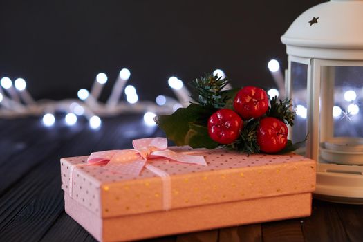 gift christmas box decoration holiday wooden table. High quality photo