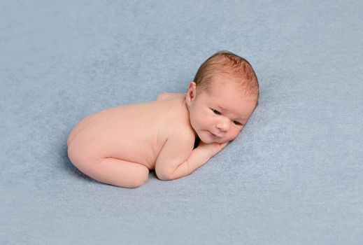 Adorable newborn baby in embryo pose lies on grey blanket.