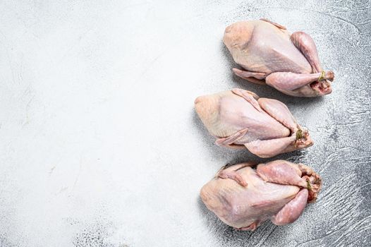 Raw quails on a kitchen table. White background. Top view. Copy space.