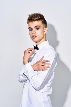 male transgender female makeup fashion posing studio. High quality photo