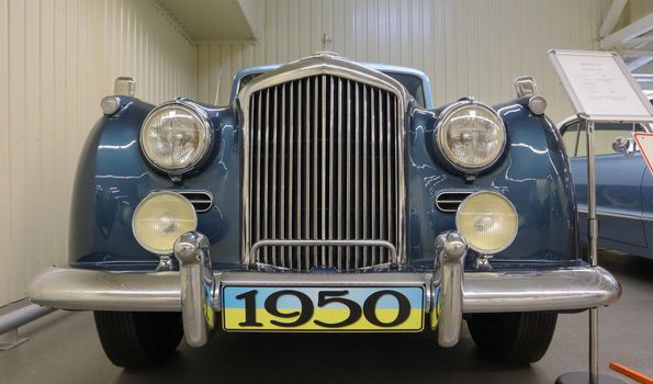 1950's Blue Crewe Rolls-Royce Bentley Continental S1 at the Rare Collectible Retro Cars Show. Full size luxury vehicle. Ukraine, Kiev - June 04, 2021