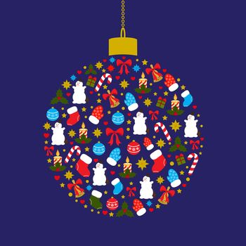 Christmas ball silhouette round shape on dark blue background. illustration for Christmas and New Year 2018. Greeting card. .