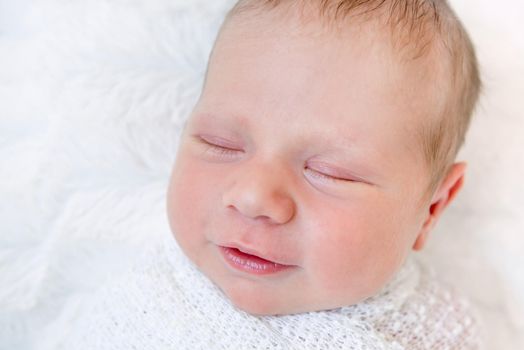 Close-up portrait of sleeping newborn baby. Swaddled newborn baby sleeping