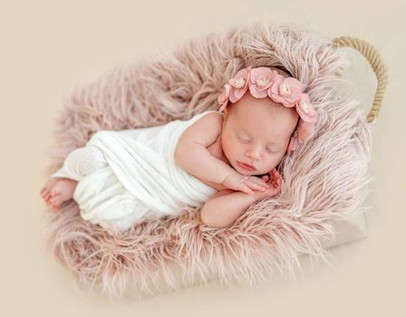 Beatiful newborn girl in floral headband, lying in sleeping basket in blanket