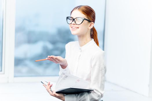 Business woman documents office professional work. High quality photo