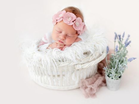 Sweet newborn baby girl resting in white basket