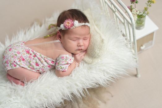 Cute sleeping newborn baby girl in the little bed