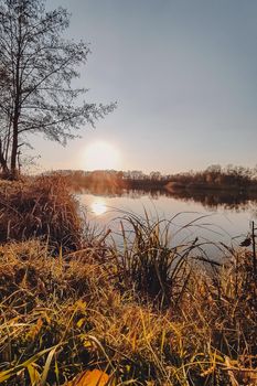 Vivid autumn sunset. Autumn landscape of sunset over river with shining grass on shore. Scenic nature at bright evening with colorful sky.