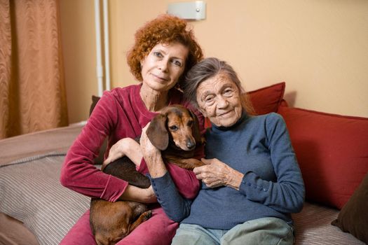 Elder woman and her adult daughter together with two dachshund dogs on sofa indoors spend time happily, portrait. Theme of mother and daughter relationship, taking care of parents, family care.