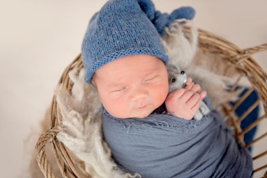 Lovely newborn sleeping in basket with toy in tiny hands