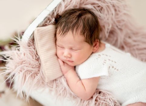 Charming newborn sleeping in tiny bed