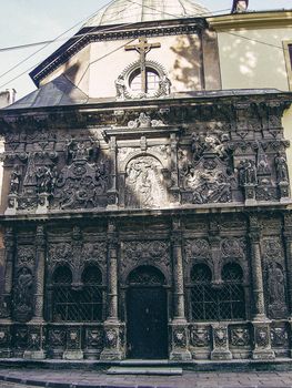 Narrow courtyards in the city, the old stone road. Street in the city of Lviv Ukraine