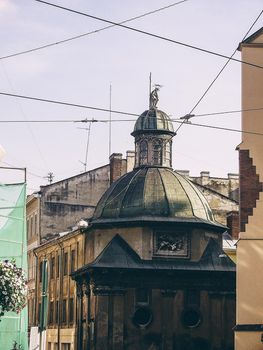 Narrow courtyards in the city, the old stone road. Street in the city of Lviv Ukraine