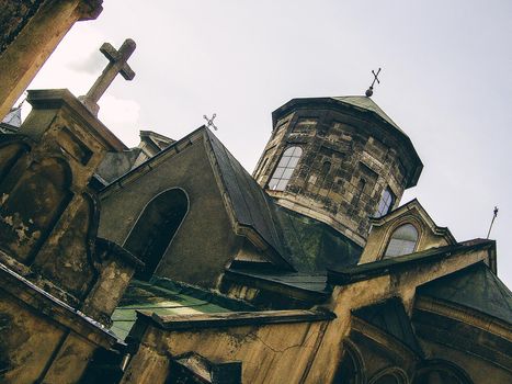 Narrow courtyards in the city, the old stone road. Street in the city of Lviv Ukraine