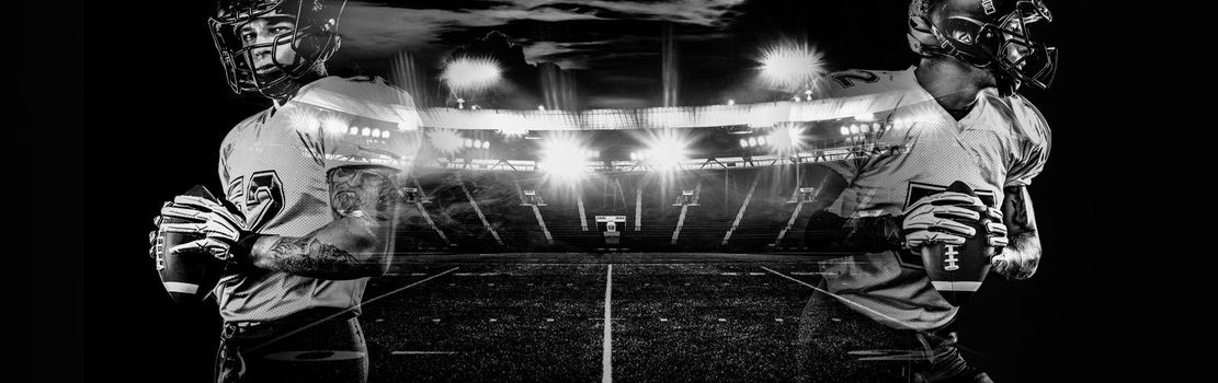 American Football player on stadium with smoke and lights.