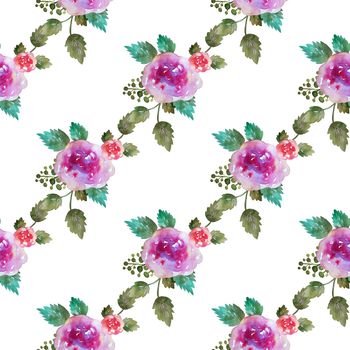 Vintage floral seamless pattern with pink rose flowers and leaf. Print for textile wallpaper endless. Hand-drawn watercolor elements. Beauty bouquets. Leaves green on white background. Female