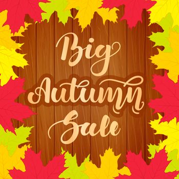 Big autumn sale. Lettering on wooden background with colorful maple leaves. Beautiful poster for sales, promotions.