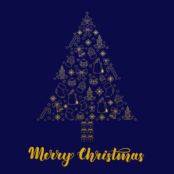 Abstract stylized christmas tree with gold contour on dark blue background. illustration for greeting cards, invitations, gift wrapping and other thematic products.