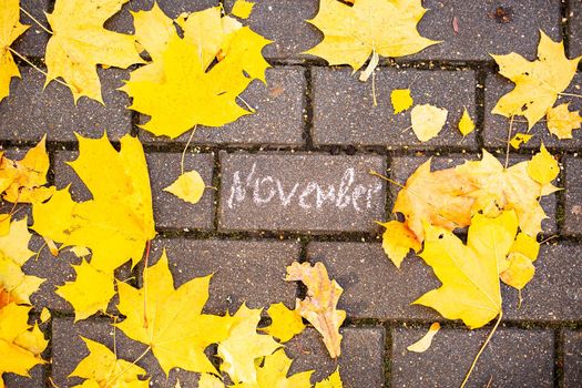 chalk inscription november on the asphalt tile among the autumn leaves. top view. concept autumn falling