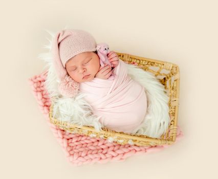 newborn baby girl sleeping sweetly with a small toy