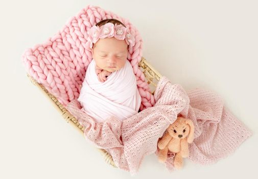 newborn baby girl sleeping sweetly in the basket