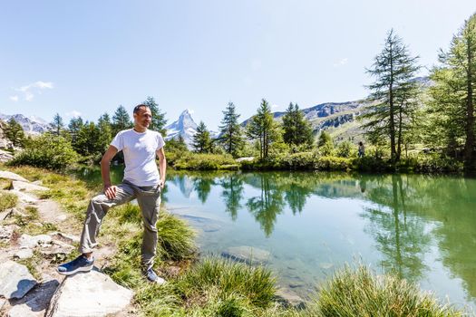 man in the mountains of switzerland, the view of the Alps.