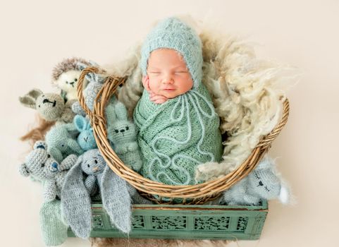 Cute newborn boy wrapped in a blanket sleep inside the basket with the toys