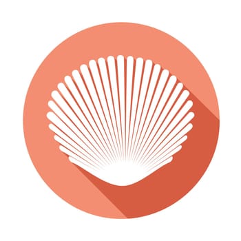 White seashell on light pink round background. Flat icon with long shadow. Raster version.