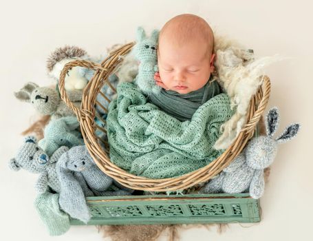 Cute newborn boy wrapped in a blanket sleep inside the basket with the toys