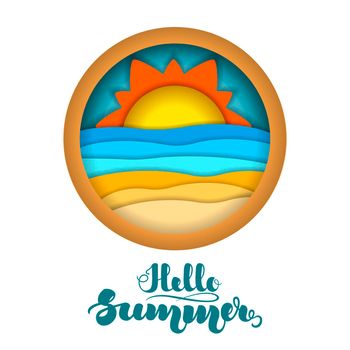 Multilayered summer landscape. Summer beach. Paper art, paper cut, 3d origami style. illustration isolated on white background for advertising banners, flyers, posters, leaflets and more.