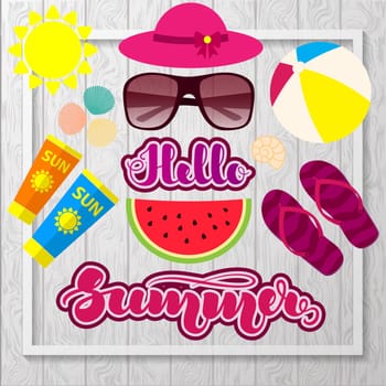 Hand lettering Hello Summer and beach accessories on gray wooden background. Template for posters, cards and other items. illustration. .