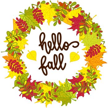 Round frame of colorful autumn leaves and hand written lettering Hello fall . Autumn wreath. illustration isolated on white background for posters, cards, invitations and much more.