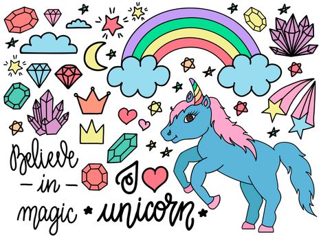 Hand drawn unicorn and other elements. Set of illustrations in doodle or cartoon style on white background.