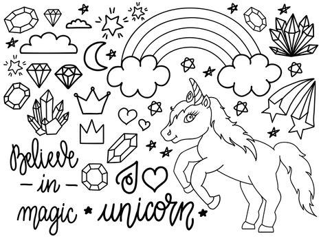 Hand drawn unicorn and other elements. Set of outline illustrations in doodle or cartoon style for coloring books and much more.