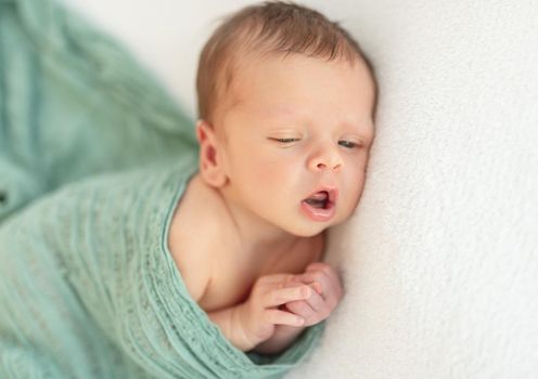 Lovely sleepy newborn covered with green blanket