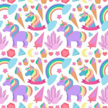 Seamless pattern with unicorns, rainbows, crystals and other elements. background in cartoon style for wrapping paper, wallpaper, textile and much more.