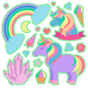 Cute unicorns and other elements. Set of illustrations isolated on white background for stickers and much more.