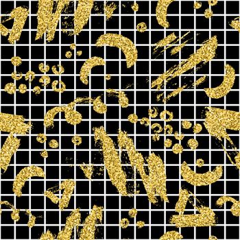 Modern seamless pattern with gold glitter brush stripe, blot and plaid. Golden, white color on black background. Hand painted metallic texture. Shiny spark elements. Fashion modern style. Repeat print.