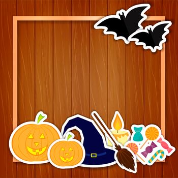 Halloween. illustration with pumpkins, hat, broom, candle, candies and bats. Template for greeting cards, invitations, posters and other items.