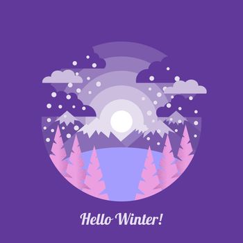 Winter landscape in flat style and inscription Hello winter . illustration for greeting cards, posters and much more.