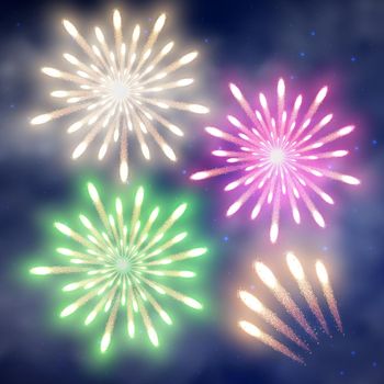 Festive firework, bursting salute on night sky background. Raster image for greeting cards.