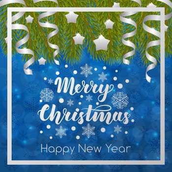 Merry Christmas. Handwritten lettering on blurred bokeh background with fir branches. illustrations for greeting cards, invitations, posters, web banners and much more.