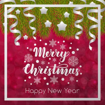 Merry Christmas. Handwritten lettering on blurred bokeh background with fir branches. illustrations for greeting cards, invitations, posters, web banners and much more.