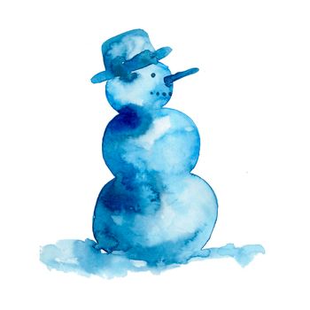 Watercolor illustration with christmas snowman in blue color. New year holiday symbol isolated on white background. Snow character with carrot and hat. Hand art painted element for card.