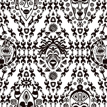 Hand drawn seamless pattern with Tribal mask ethnic. Sketch for your design, wallaper, textile, print. African culture. Fabric afro ornament. Coloful batik art. Black color on white background