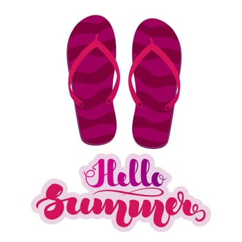 Purple striped beach slippers, flip flops and handwritten lettering Hello Summer . illustration isolated on white background. .