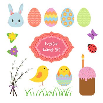 Set of easter icons in flat style isolated on white background.