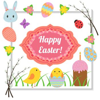 Happy Easter. Cute greeting card with traditional Easter symbols.